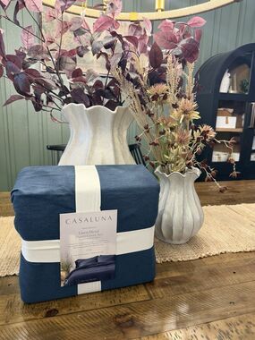 King Heavyweight Linen Blend Duvet Cover and Sham Set Dark Mineral Blue NEW